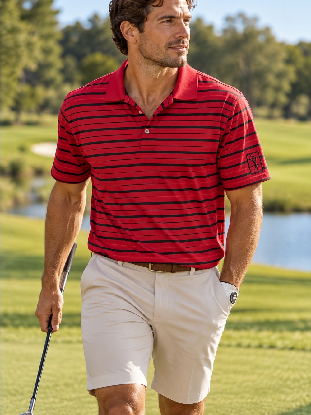 Men's PGA Tour Brand - Red Striped Golf Polo Shirt